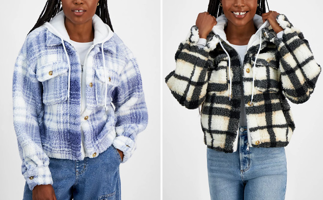 Madden Girl Juniors Plaid Sherpa Hoodie Jackets