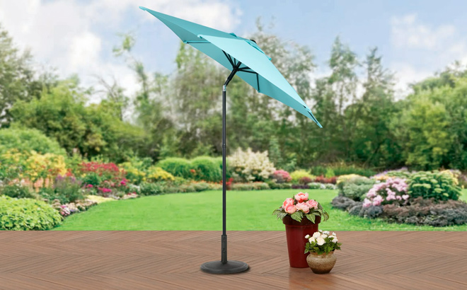 Mainstays 7 5ft Aqua Round Outdoor Tilting Market Patio Umbrella with Push up Function