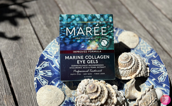 Maree Marine Collagen Eye Gels 6 Pack on a Tray with Seashells