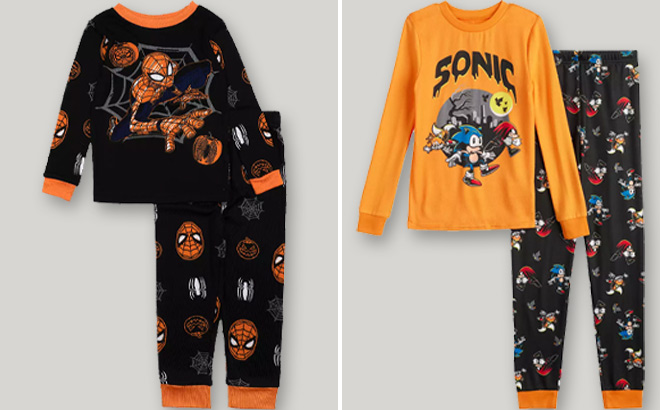 Marvel Spider Man Halloween and Sonic The Hedgehog Halloween Boys Pajama Tops and Bottoms Sets