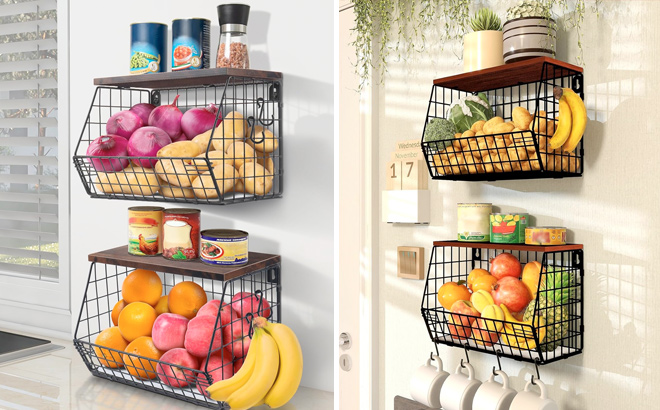 Mefirt 2pcs Fruit Basket Kitchen Storage Basket with Wood Lid Stackable Wall Basket Fruit Basket for Kitchen