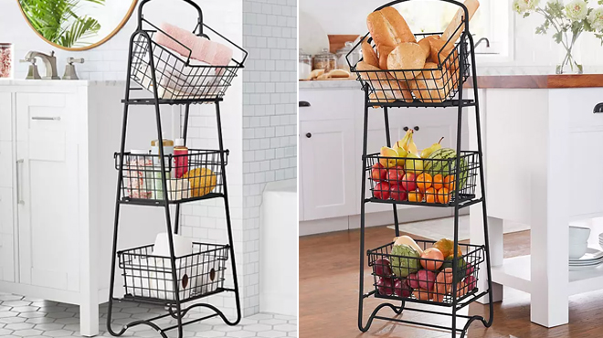 Members Mark 3 Tier Floor Basket Stand in the bathroom and kitchen