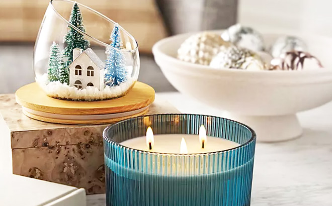 Members Mark Blue 3 Wick Snow Globe Candle