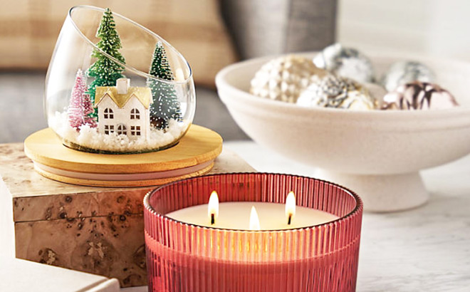 Members Mark Red 3 Wick Snow Globe Candle