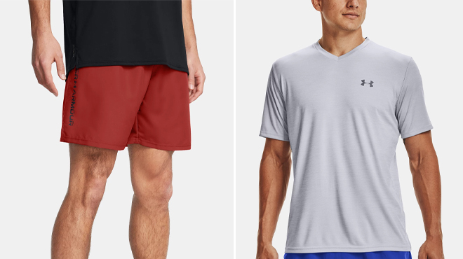 Mens UA Tech Woven Wordmark Shorts and Mens UA Velocity V neck Short Sleeve