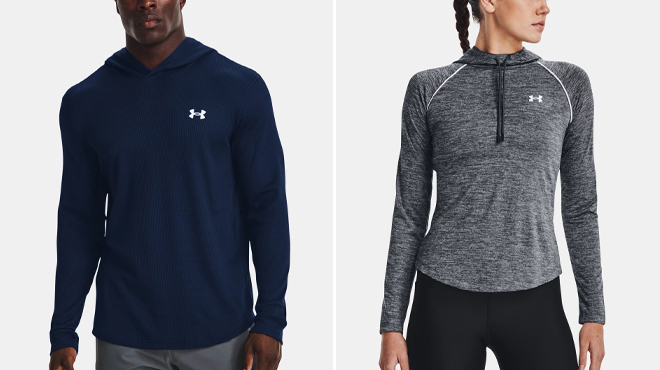 Mens UA Waffle Hoodie and Womens UA Velocity Wordmark Hoodie