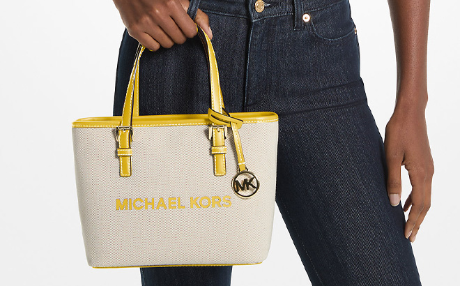 Michael Kors Jet Set Travel Extra Small Canvas Top Zip Tote Bag in Golden Yellow Color