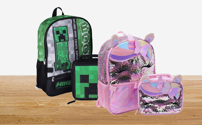 Minecraft Boys 17 Inch Laptop Backpack Lunch Bag Set and Wonder Nation Butterfly Girls 17 Inch Laptop Backpack Lunch Bag Set