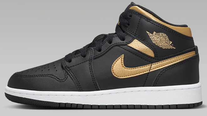 Nike Air Jordan 1 Mid Big Kids Shoes in Black Mettalic Gold Color