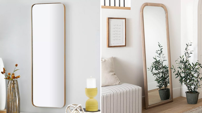 Olivia May Contemporary Style Wall Mirror on the left and Threshold Wood Floor Mirror on the right