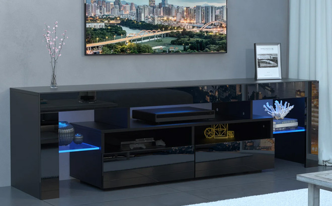 PWFE LED Light TV Stand in Black Color