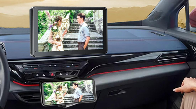 Paslda Portable Apple CarPlay showing a movie on the screen