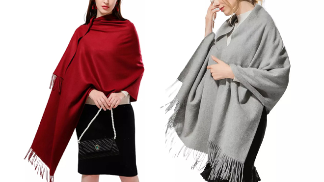 People wearing Cashmere Shawls in Wine Red and Ligh Grey Colors