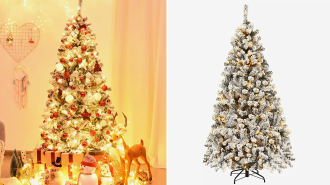 Pre Lit 6 Ft Premium Snow Flocked Hinged Artificial Christmas Tree