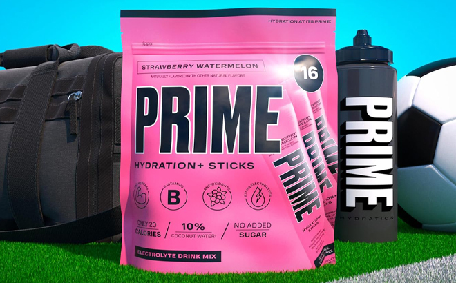 Prime Hydration Strawberry Watermelon 16 Count Sticks Bag on a Grass