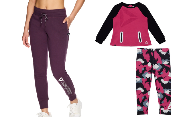 Reebok Womens Essential French Terry Ribbed Joggers and Reebok Toddler Girls 2 Piece Graphic Crewneck and Legging Set