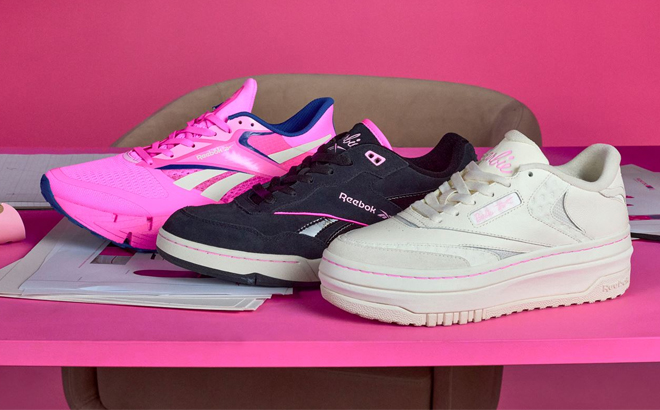 Reebok x Barbie Shoe Collection on a Table