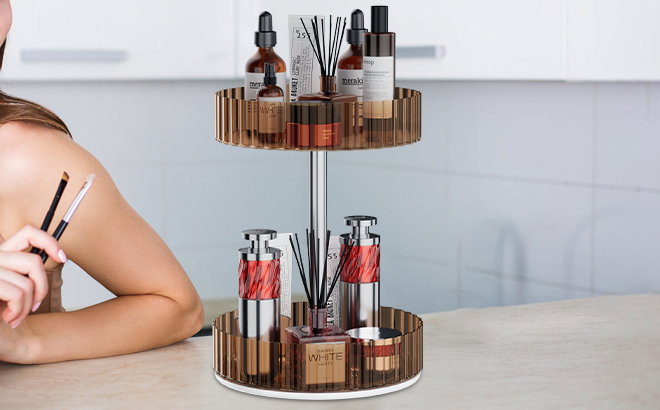 Rotating Makeup Organizer on a Vanity Table