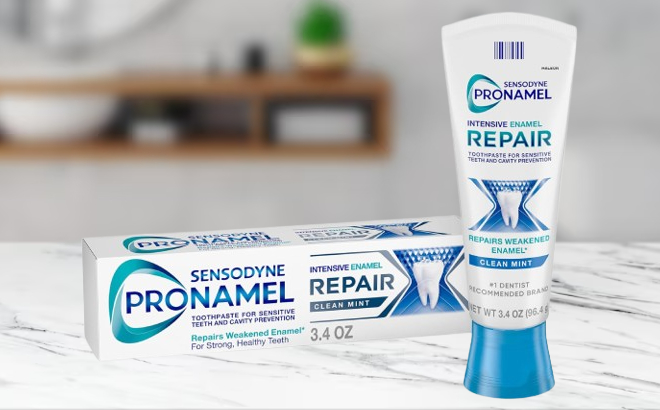 Sensodyne Pronamel Intensive Enamel Repair Toothpaste on a Marble Table