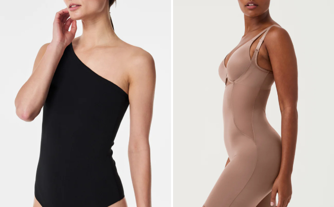 Spanx Suit Yourself Ribbed One Shoulder Bodysuit and Shaping Mesh Open Bust Mid Thigh Bodysuit