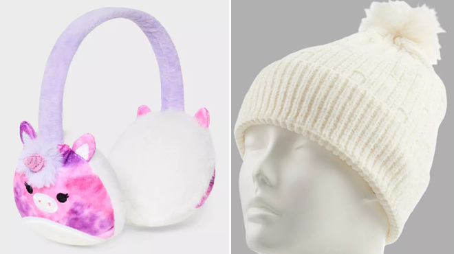 Squishmallows Girls Earmuffs and Isotoner Chenille Hat