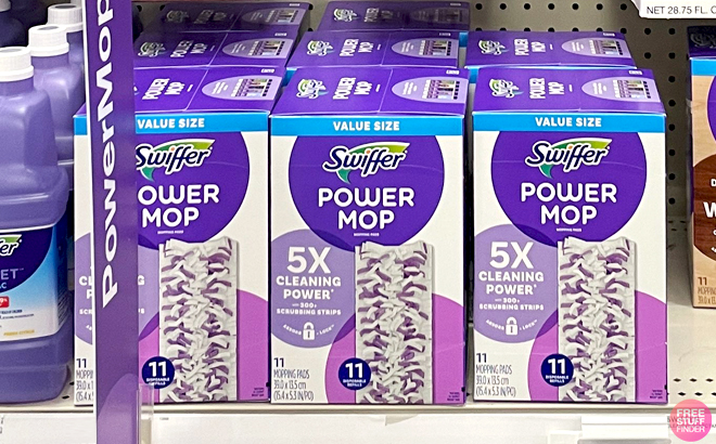 Swiffer 11 Count PowerMop Multi Surface Mopping Pad Refills on a Shelf