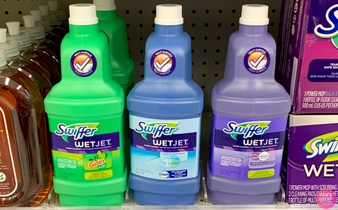 Swiffer WetJet Multi Purpose Liquid Floor Cleaner Solution Refills with Gain and Lavender Scent on a Shelf