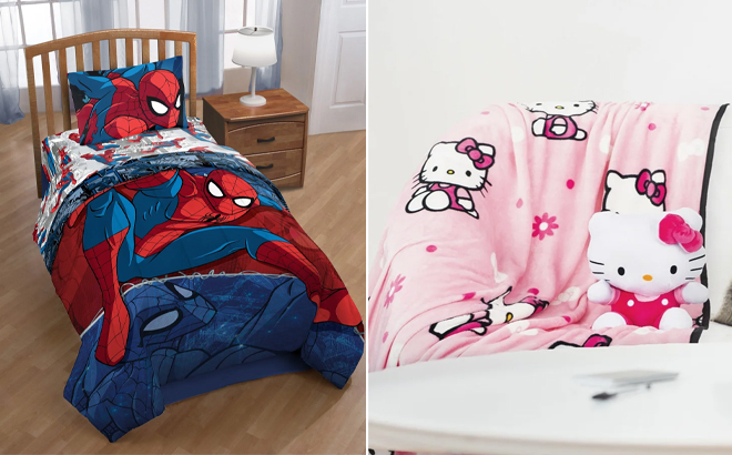 The Amazing Spider Man 3 Piece Twin Sheet Set and Sanrio Hello Kitty Girly Pink Throw Blanket and Mini Pillow Buddy Set