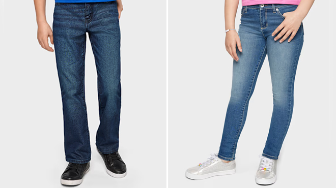 The Childrens Place Boys Non Stretch Bootcut Jeans on the right and The Childrens Place Girls Super Skinny Jeans Medium Wash on the left