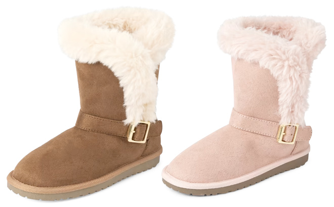 The Childrens Place Girls Buckle Faux Fur Chalet Boots Tan