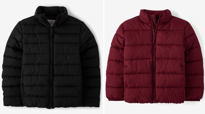 The Childrens Place Girls Puffer Jacket in Black and The Childrens Place Boys Puffer Jacket in Burgundy