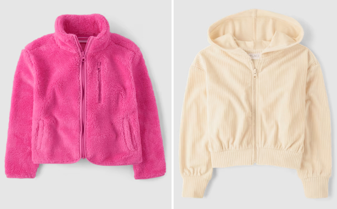 The Childrens Place Girls Sherpa Zip Up Jacket and Velour Cropped Zip Up Hoodie