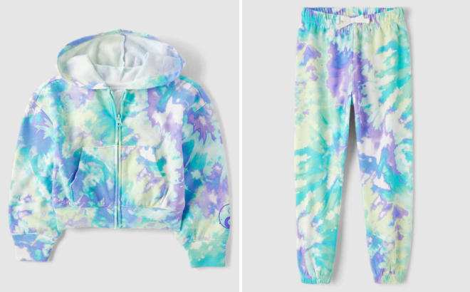 The Childrens Place Girls Tie Dye Fleece Zip Up Hoodie and Jogger Pants