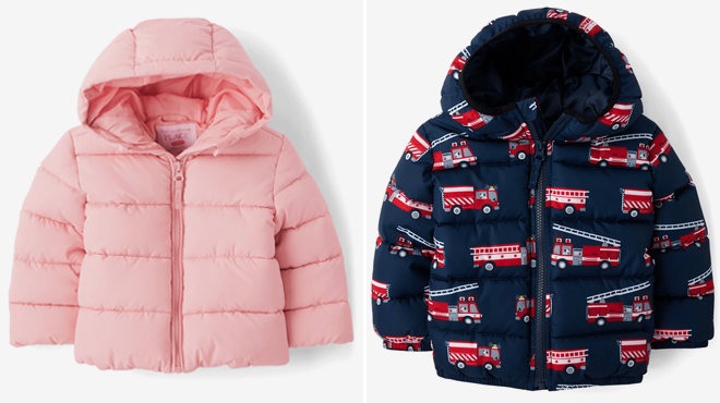 The Childrens Place Toddler Girls Print Puffer Jacket in Fuzzy Pink and The Childrens Place Toddler Boys Print Puffer Jacket in Tidal