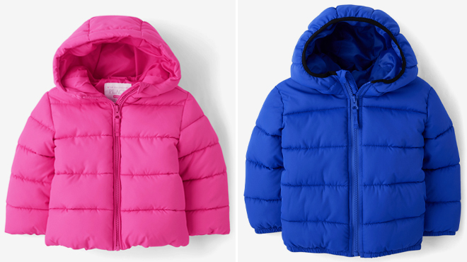 The Childrens Place Toddler Girls Print Puffer Jacket in Pink and The Childrens Place Toddler Boys Print Puffer Jacket in Blue