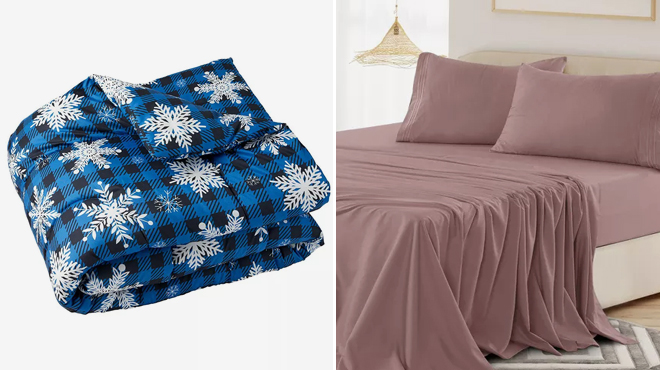 The Lakeside Collection Christmas Blue Plaid Full Queen Comforter and Lux Decor Collection Microfiber Sheets 4 Piece Set Twin Size