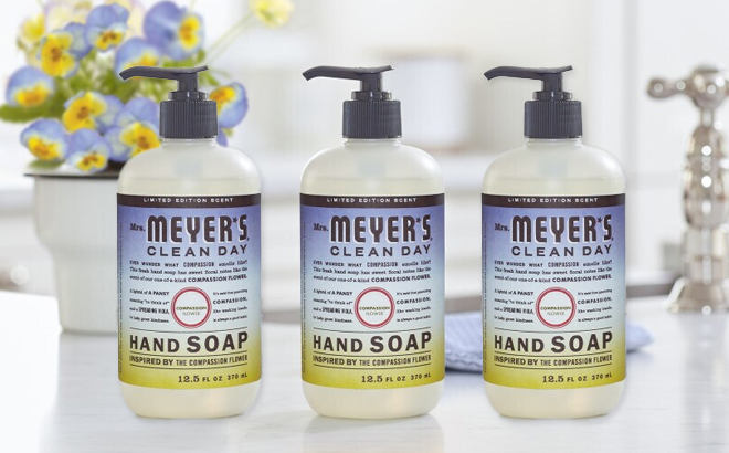 Three Mrs. Meyer's Clean Day Hand Soaps on a Kitchen Countertop