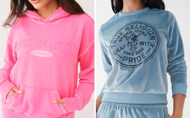 True Religion Contrast Boyfriend Hoodie and Velour Crystal Sweatshirt in Blue