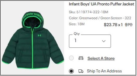 Under Armour Infant Boys Pronto Puffer Jacket Checkout Page