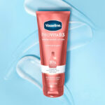 Vaseline Pro VitaB3 Serum Burst Lotion on a Blue Background