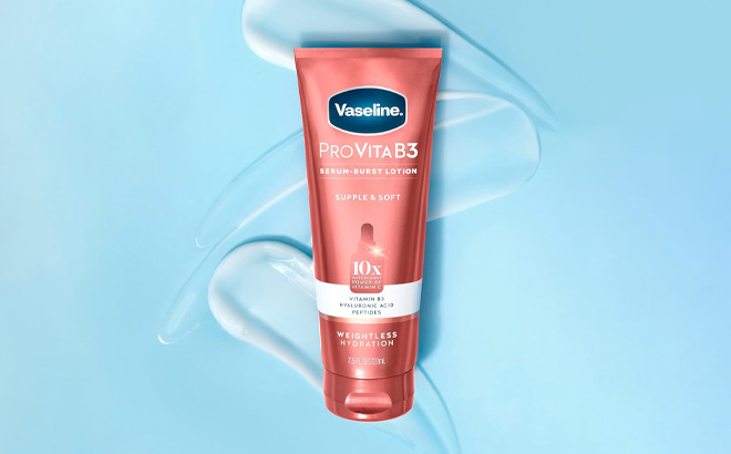 Vaseline Pro VitaB3 Serum Burst Lotion on a Blue Background