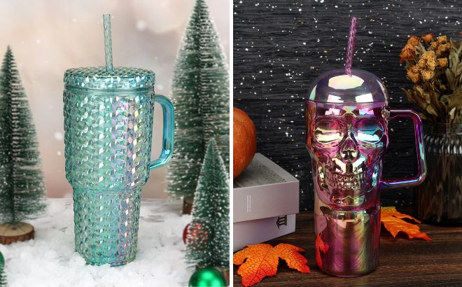 Way to Celebrate Halloween 30 Ounce Plastic Rainbow Iridescent Skull Tumbler with Straw