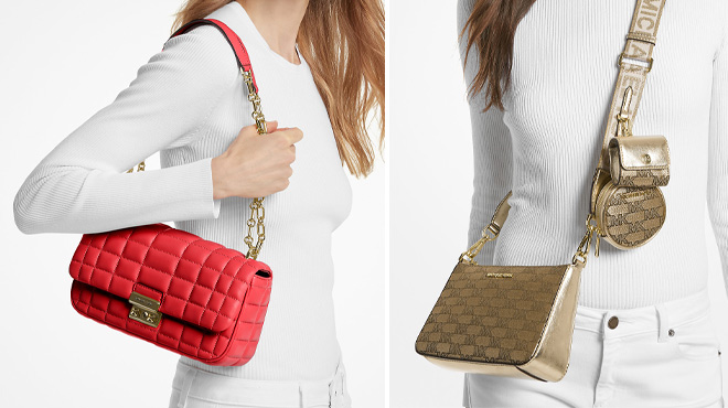 Women Wearing Michael Kors Tribeca Large Quilted Leather Shoulder Bag and Jet Set Metallic Logo Jacquard Crossbody Bag with Airpods Case