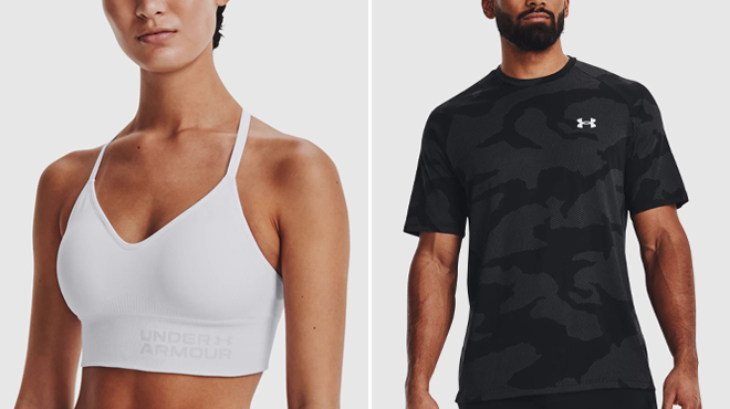 Womens UA Seamless Low Sports Bra and Mens UA Velocity Jacquard Short Sleeve