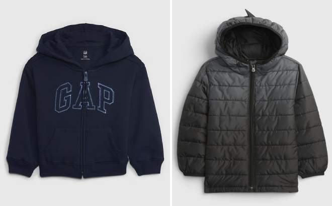 babyGap Vintage Soft Metallic Gap Logo Hoodie and Toddler Dinosaur Recycled Puffer Jacket