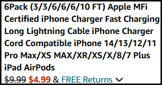 iPhone Lightning Cable 6 Pack Order Summary