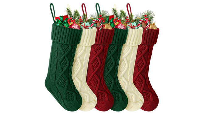 six Large Knitted Christmas Stockings