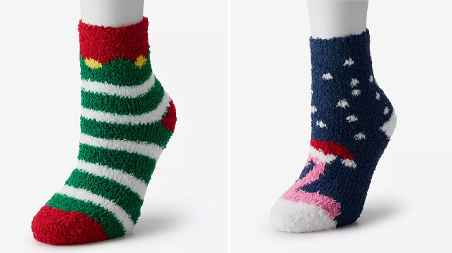 1 Womens Elf and Santa Flamingo Cozy Crew Socks