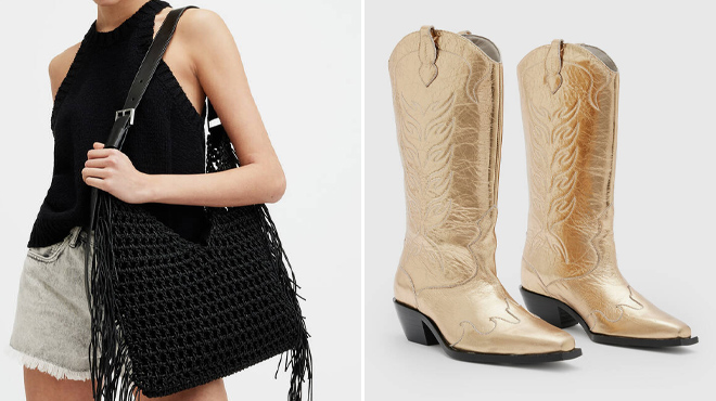 10 All Saints Sabine Crochet Shoulder Bag and Metallic Leather Western Boots