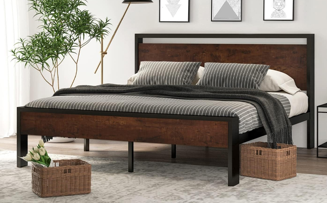 14 Inch King Size Metal Platform Bed Frame with Wooden Headboard and Footboard